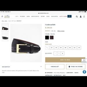 Brooks Brother Black Cordovan Leather Belt NWT 36